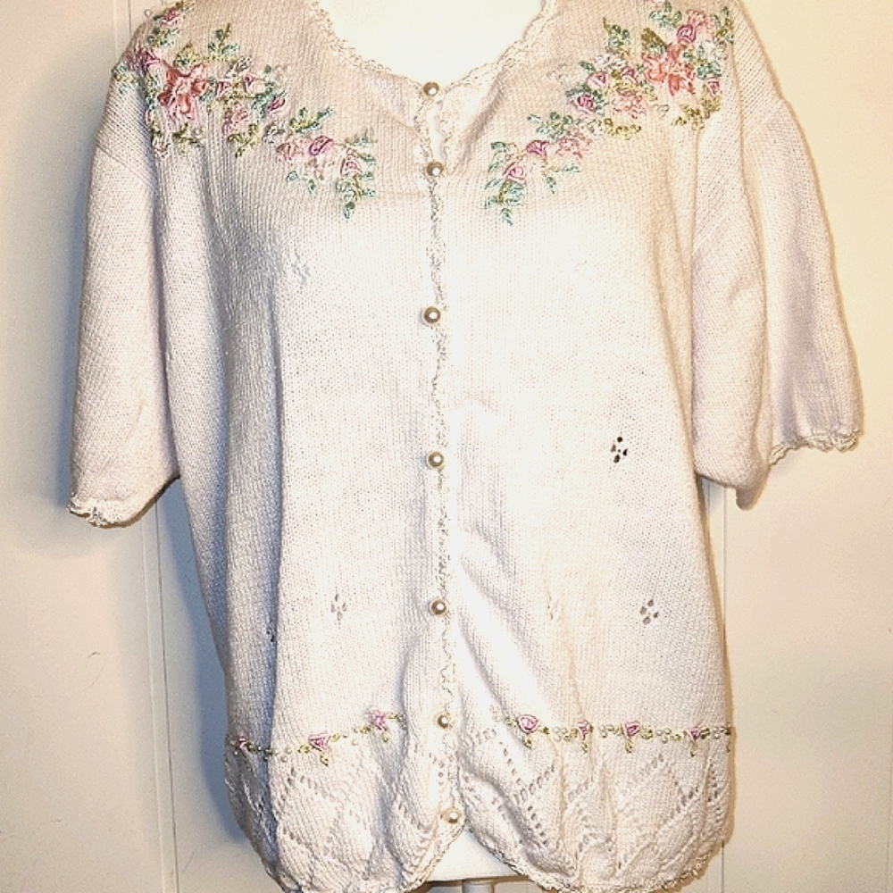 Celina Yang White Floral Embroidered Feminine Pearl Button Down Cardigan Sweater